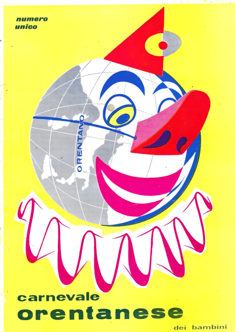 Pagina 1 di 36: Copertina gialla: un clown con il globo terrestre come testa, cappello a cono rosso, naso rosso e gorgiera rosa; sul globo la scritta ORENTANO.