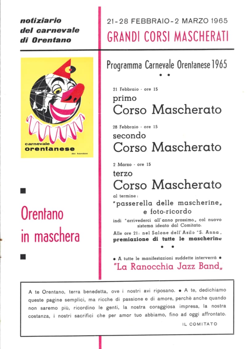 Pagina 3 di 36: Programma dei corsi mascherati del 21 e 28 febbraio e del 2 marzo 1965, con la copertina in piccolo, la scritta Orentano in maschera e una dedica del Comitato.