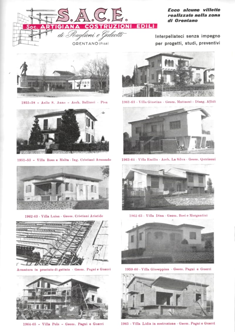 Pagina 4 di 36: Pubblicità della S.A.C.E. di Ruglioni e Galeotti con dieci foto di lavori nella zona di Orentano: l'Asilo S. Anna, ville finite e in costruzione, un'armatura.