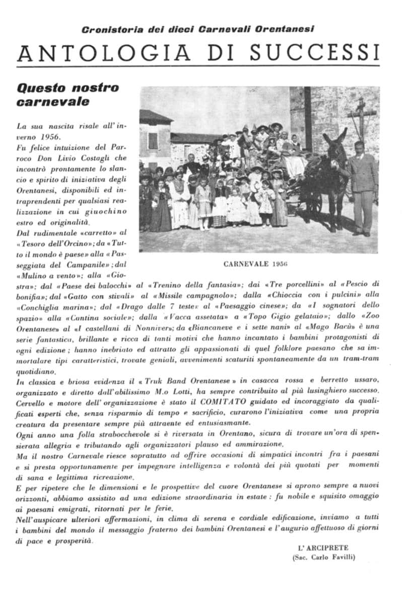 Pagina 5 di 36: Cronistoria dei dieci Carnevali firmata dall'Arciprete, con una foto di gruppo di bambini in maschera accanto a un asino e un carretto: Carnevale 1956.