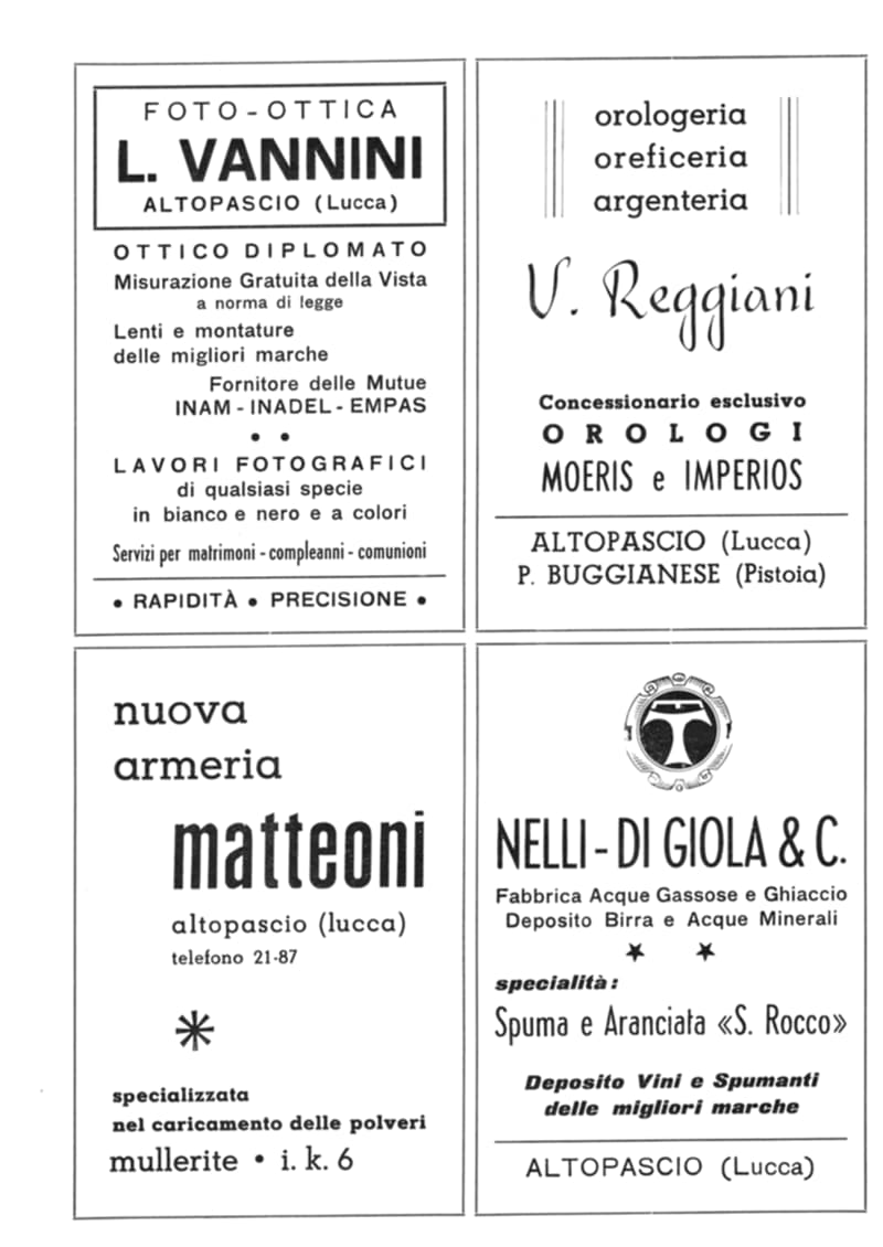 Pagina 6 di 36: Pubblicità di Altopascio: Foto-Ottica L. Vannini, orologeria V. Reggiani, nuova armeria Matteoni e Nelli - Di Giola & C. acque gassose.
