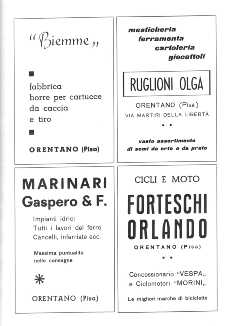 Pagina 12 di 36: Pubblicità di Orentano: Biemme borre per cartucce, mesticheria Ruglioni Olga, Marinari Gaspero & F. e cicli e moto Forteschi Orlando.