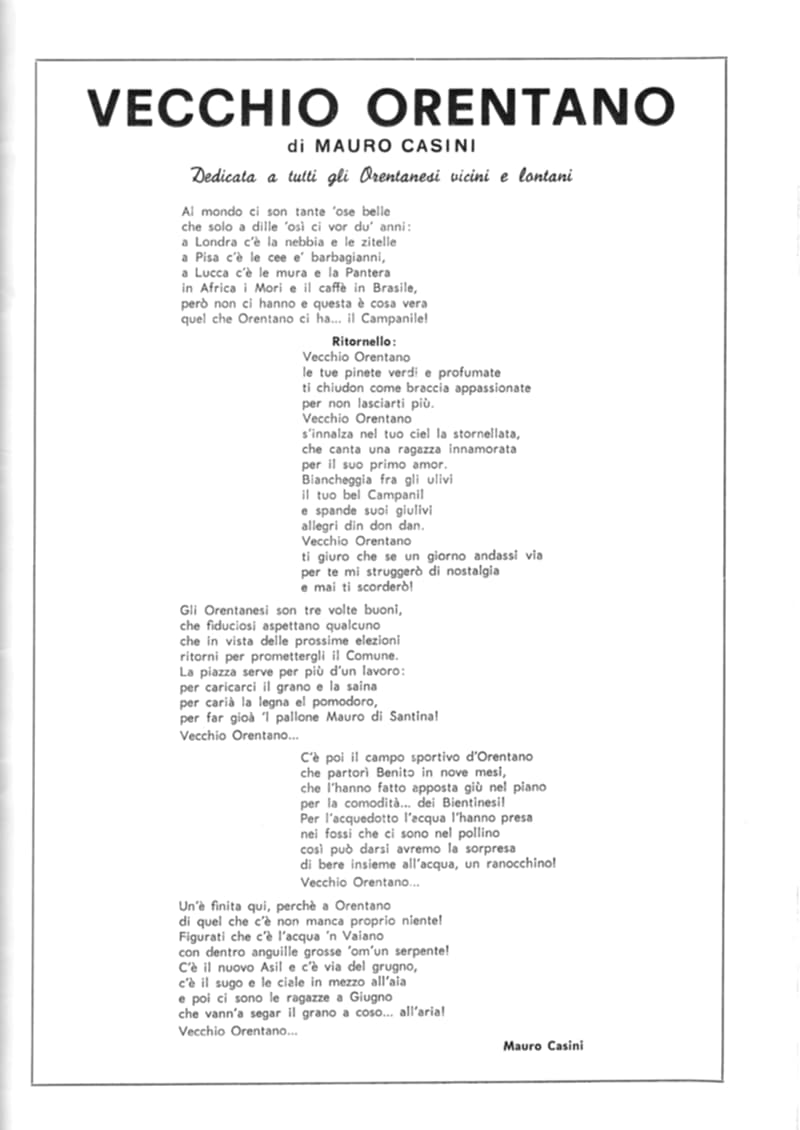 Pagina 13 di 36: Testo della canzone «Vecchio Orentano» di Mauro Casini, dedicata a tutti gli Orentanesi vicini e lontani, con il ritornello.