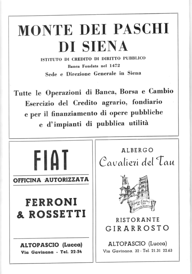 Pagina 14 di 36: Pubblicità: Monte dei Paschi di Siena, officina Fiat Ferroni & Rossetti e albergo Cavalieri del Tau con ristorante, ad Altopascio.