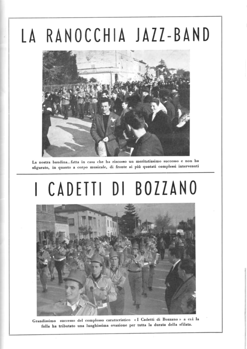 Pagina 15 di 36: Due foto di bande in sfilata tra la folla: La Ranocchia Jazz-Band e I Cadetti di Bozzano in divisa.