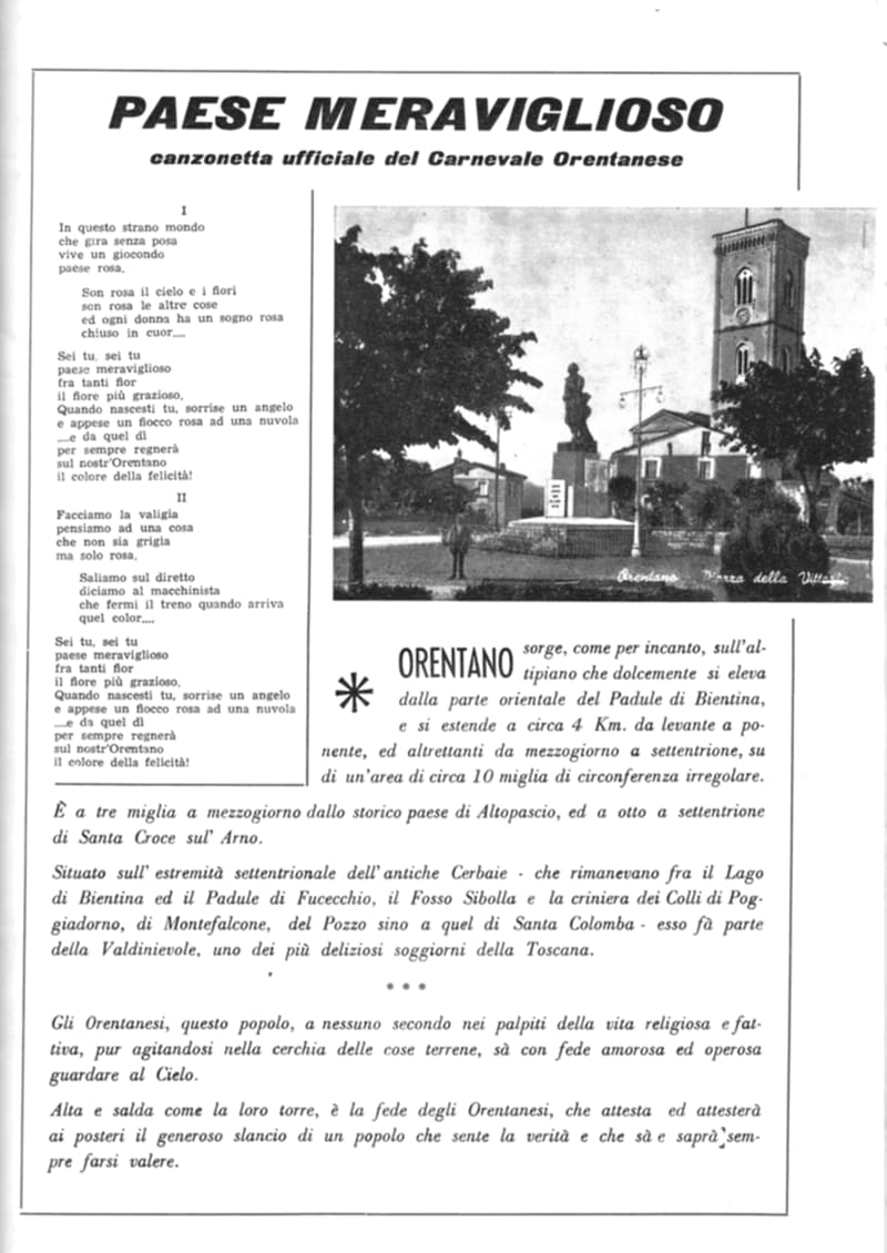 Pagina 19 di 36: Testo della canzonetta «Paese meraviglioso», una foto della piazza di Orentano con monumento e campanile, e una descrizione del paese.