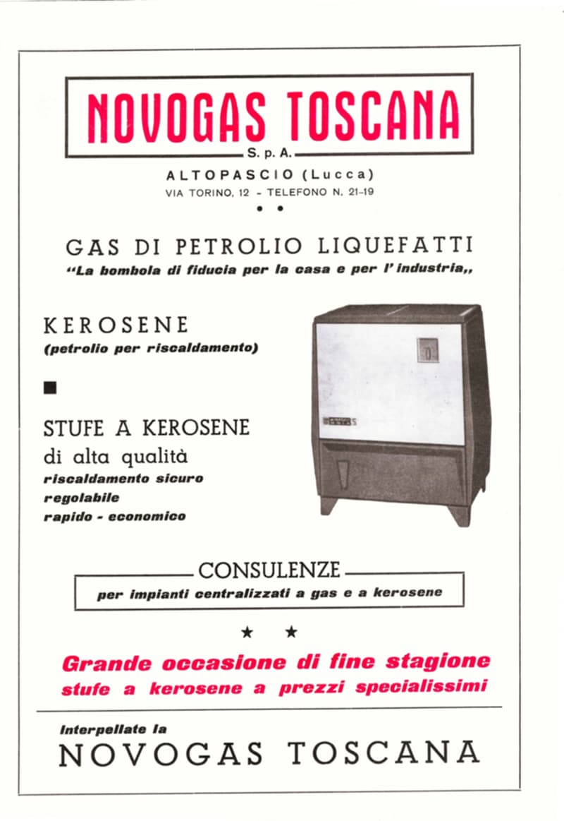 Pagina 20 di 36: Pubblicità a pagina intera della Novogas Toscana S.p.A. di Altopascio: gas di petrolio liquefatti, kerosene e l'immagine di una stufa a kerosene.