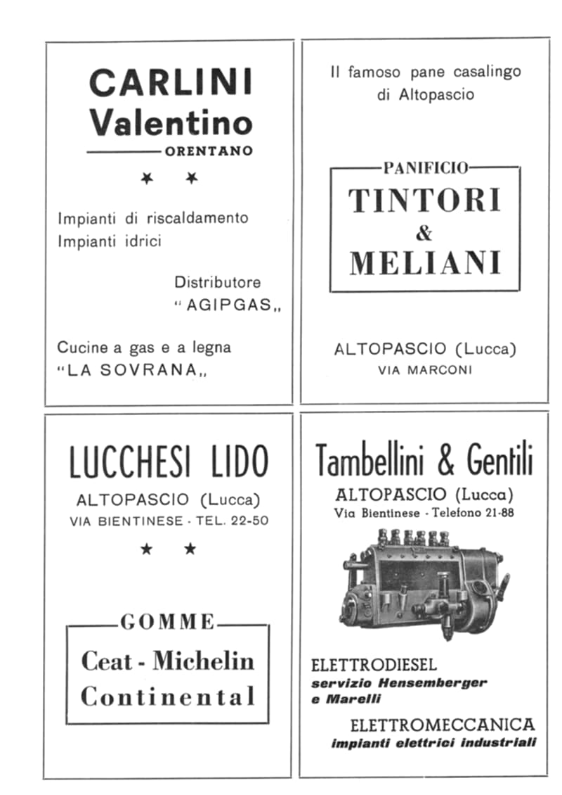 Pagina 22 di 36: Pubblicità: Carlini Valentino di Orentano, panificio Tintori & Meliani, Lucchesi Lido gomme e Tambellini & Gentili di Altopascio.
