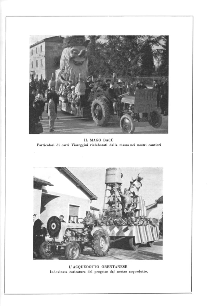 Pagina 23 di 36: Due foto di carri: Il mago Bacù con una grande testa barbuta e L'acquedotto orentanese con un serbatoio su un traliccio.