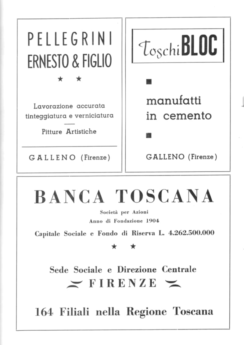Pagina 24 di 36: Pubblicità: Pellegrini Ernesto & Figlio e ToschiBLOC di Galleno, e la Banca Toscana con sede a Firenze.
