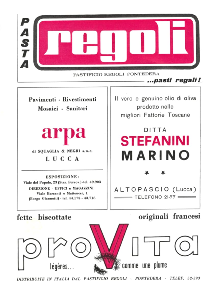 Pagina 26 di 36: Pubblicità: pasta Regoli di Pontedera, arpa di Squaglia & Negri a Lucca, olio della Ditta Stefanini Marino di Altopascio e fette biscottate proVita.