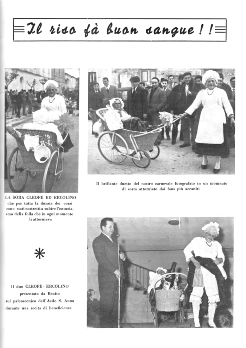 Pagina 27 di 36: Tre foto delle maschere Sora Cleofe ed Ercolino con una carrozzina: in strada tra la folla e su un palco accanto a un uomo al microfono.