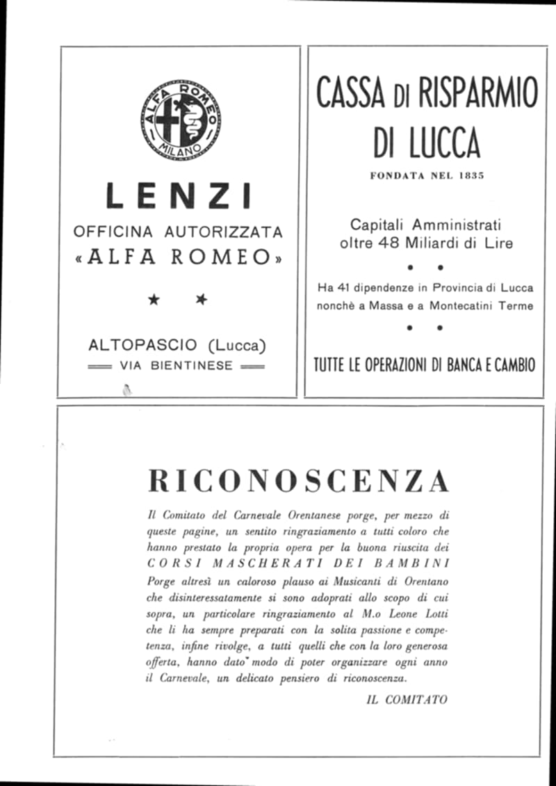 Pagina 28 di 36: Pubblicità di Lenzi officina Alfa Romeo e della Cassa di Risparmio di Lucca; sotto, il ringraziamento «Riconoscenza» del Comitato.