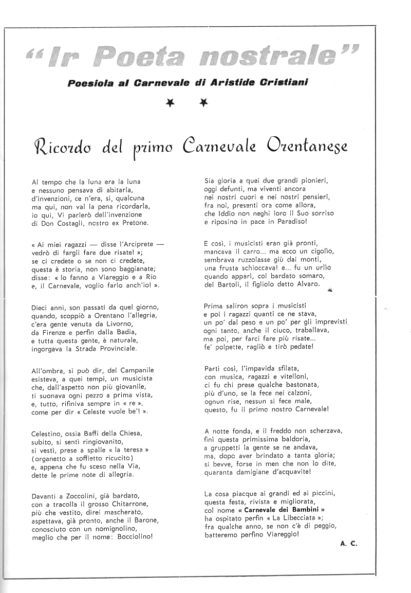 Pagina 29 di 36: Poesia «Ricordo del primo Carnevale Orentanese» di Aristide Cristiani, nella rubrica «Ir Poeta nostrale», su due colonne.