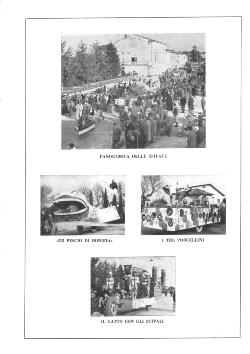 Pagina 32 di 36: Quattro foto: panoramica delle sfilate e i carri Er pescio di bonifia, I tre porcellini e Il gatto con gli stivali.
