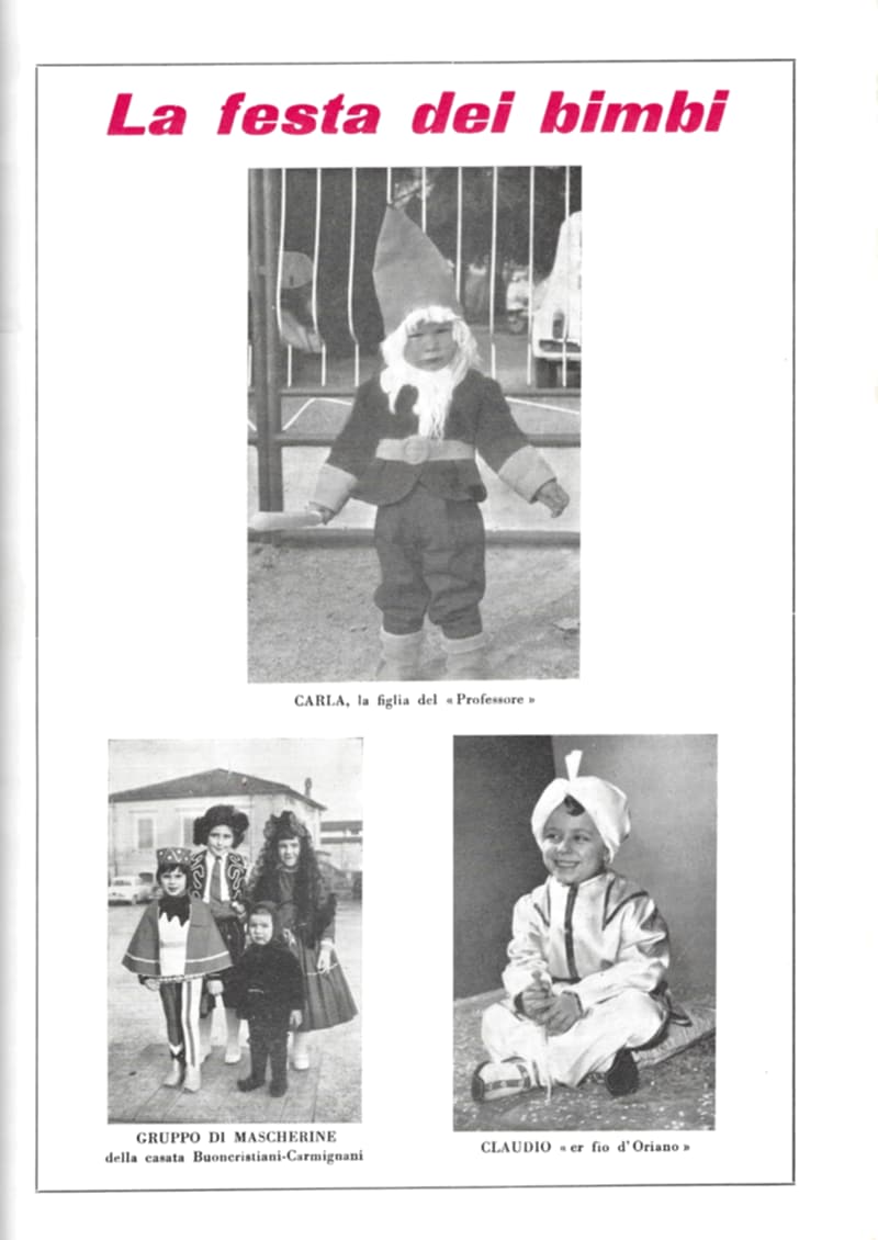 Pagina 33 di 36: Tre foto di bambini in maschera: una bambina vestita da nano, un gruppo di quattro mascherine e un bambino con turbante seduto.