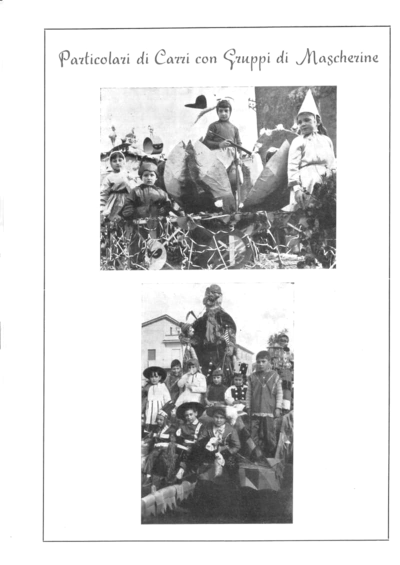 Pagina 34 di 36: Due foto di bambini in maschera sui carri: un gruppo intorno a un grande fiore e un gruppo sotto un grande pupazzo.
