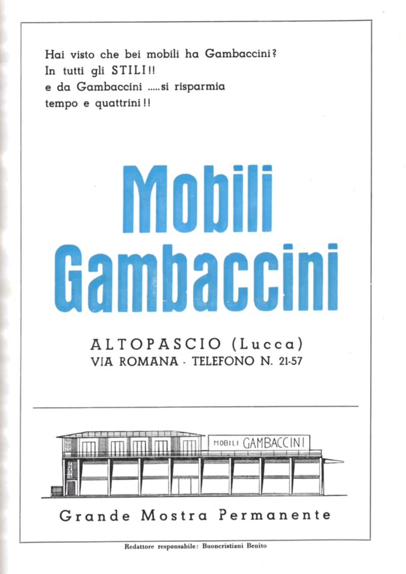 Pagina 35 di 36: Pubblicità a pagina intera di Mobili Gambaccini di Altopascio con il disegno del negozio; in fondo la riga del redattore responsabile.