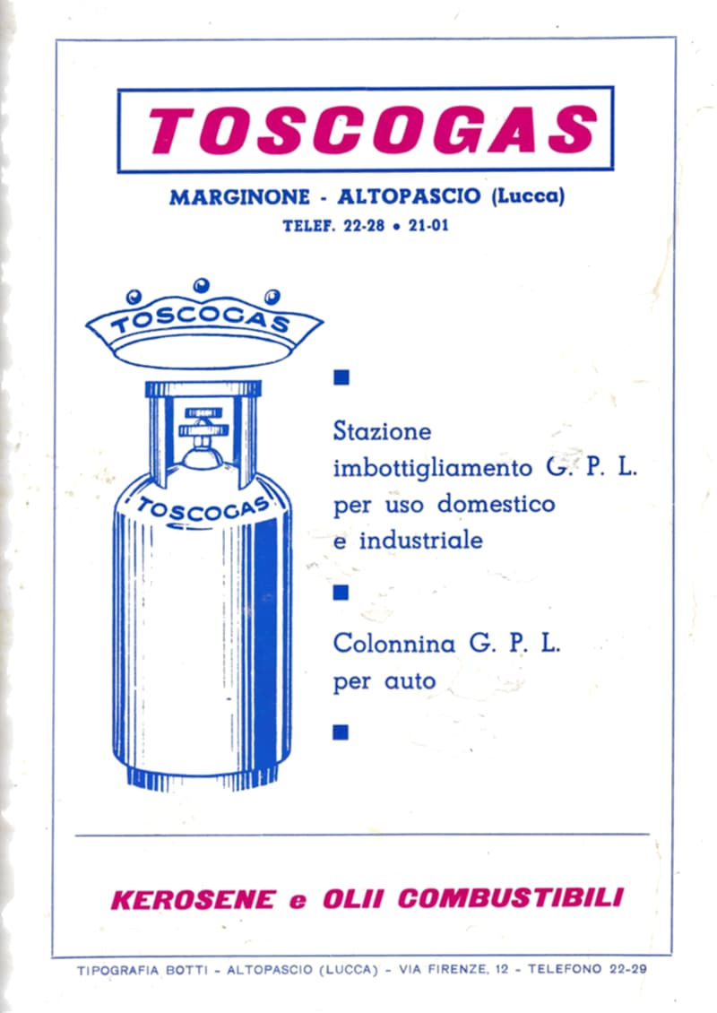 Pagina 36 di 36: Quarta di copertina: pubblicità Toscogas di Marginone - Altopascio con il disegno di una bombola; in fondo la riga della Tipografia Botti.