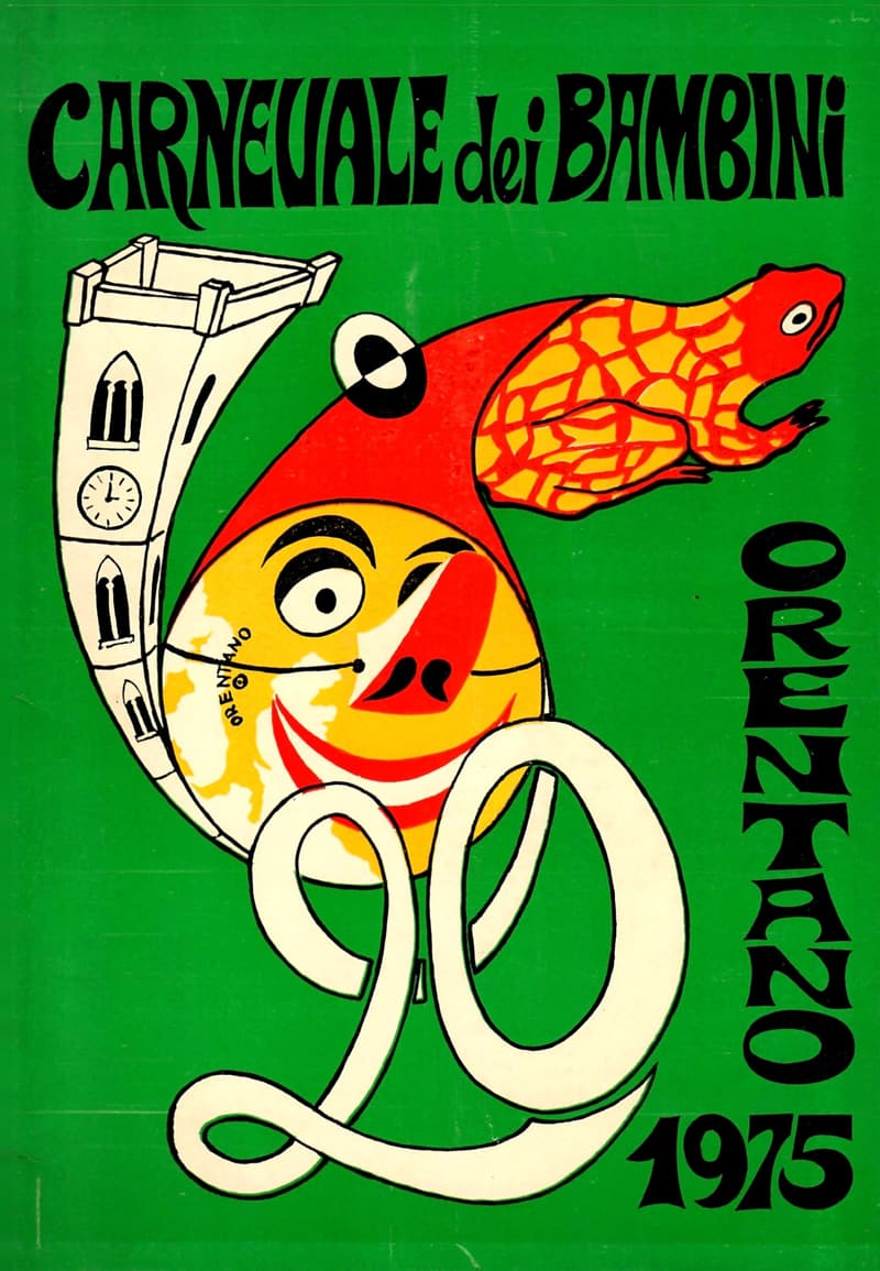 Page 1 of 32: Illustrated green cover: a bell tower bent into a horn, a round yellow face with a red cap, a frog and a large white 20; title and ORENTANO 1975.