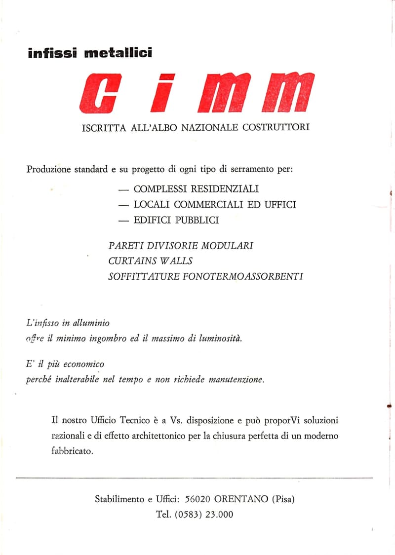 Page 2 of 32: Full-page advertisement for the metal window-frame firm cimm of Orentano, listing window frames, partition walls and ceilings.