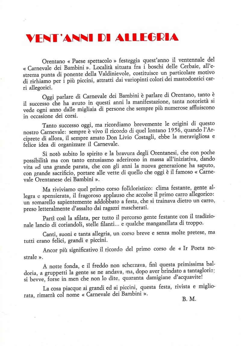 Page 3 of 32: Article «Vent’anni di allegria» signed B. M.: red heading and single-column text on the origins of the Carnevale dei Bambini in 1956.