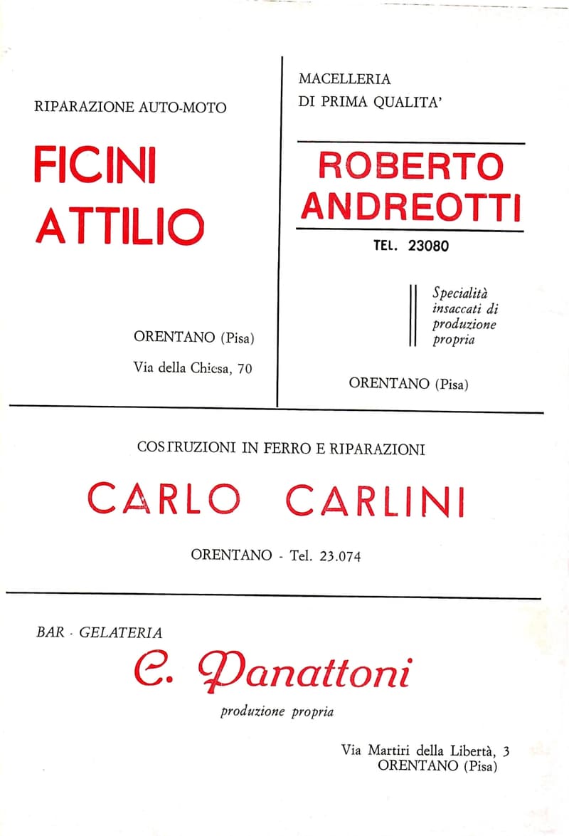 Page 4 of 32: Four advertisements for Orentano businesses: Ficini Attilio, the Roberto Andreotti butcher's, Carlo Carlini and the C. Panattoni bar and ice-cream shop.