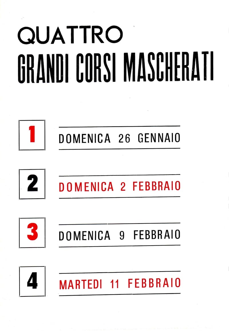 Page 5 of 32: Page «Quattro grandi corsi mascherati» listing four numbered dates: Sunday 26 January, Sunday 2 and 9 February, Tuesday 11 February.