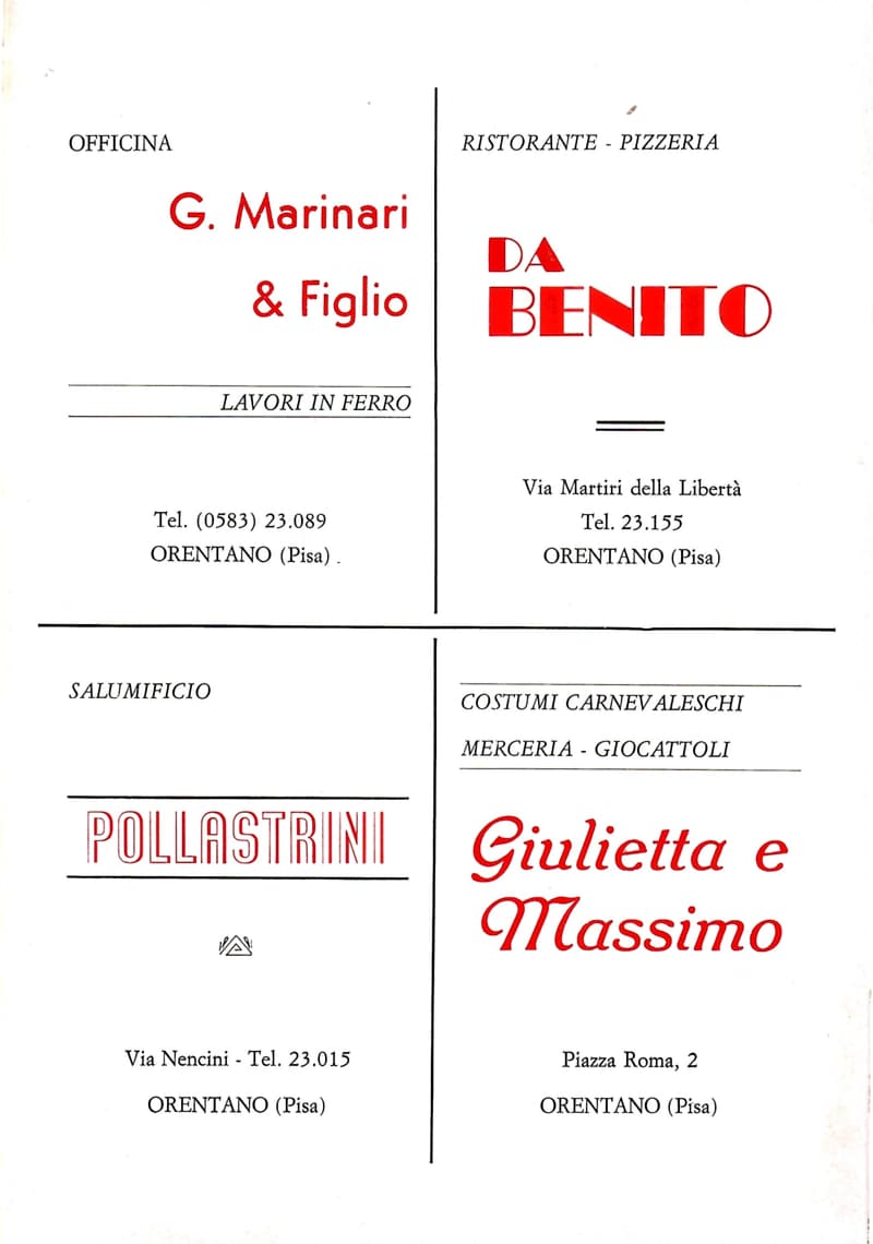 Page 6 of 32: Four Orentano advertisements: the G. Marinari & Figlio workshop, the Da Benito restaurant-pizzeria, the Pollastrini salumificio, Giulietta e Massimo.