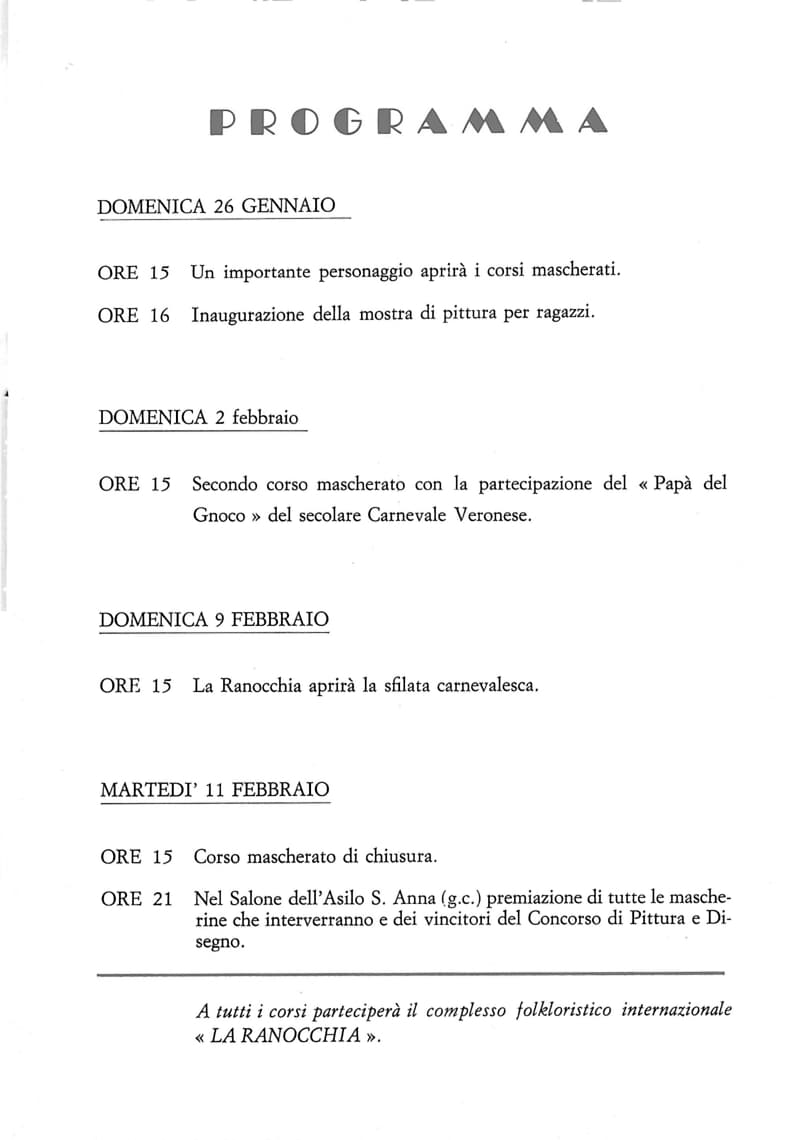 Page 7 of 32: Programme of the four days with times: opening of the parades, children’s painting exhibition, the «Papà del Gnoco», prize-giving at the Asilo S. Anna.