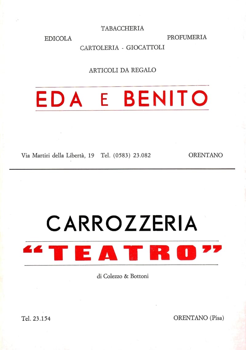 Page 8 of 32: Two Orentano advertisements: the Eda e Benito tobacconist, newsagent and stationer; the Carrozzeria «Teatro» body shop of Colezzo & Bottoni.