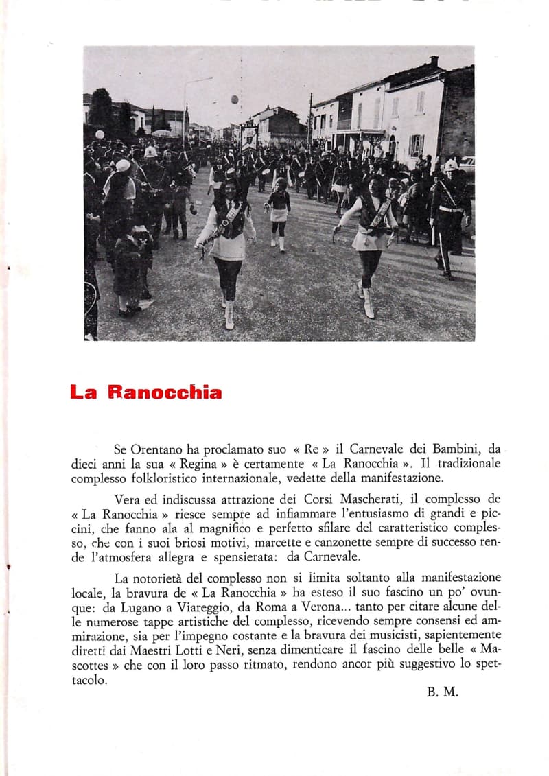 Page 11 of 32: Article «La Ranocchia» signed B. M., with a photo of a street parade: uniformed girls with sashes ahead of the band, spectators along the sides.