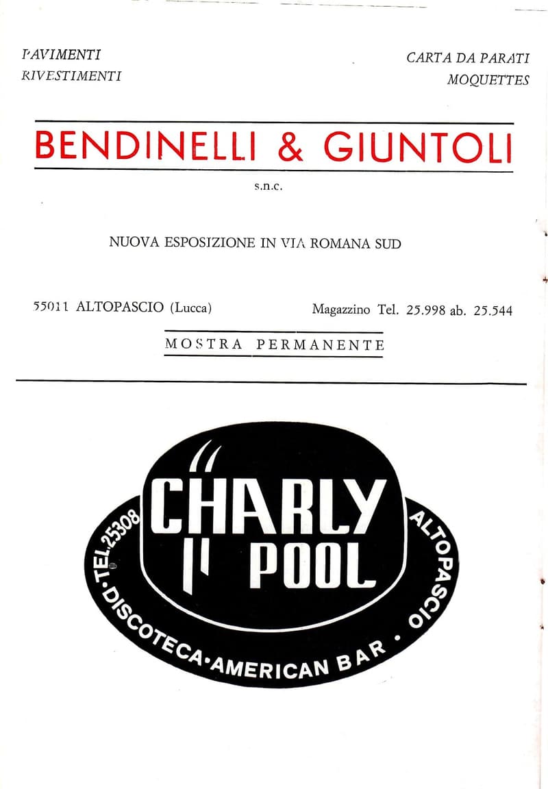Page 12 of 32: Two Altopascio advertisements: Bendinelli & Giuntoli s.n.c. floors and wall coverings; the hat-shaped logo of the Charly Pool discotheque.
