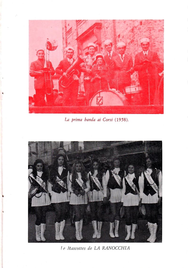 Page 13 of 32: Two photos: in red, musicians with caps and instruments («La prima banda ai Corsi (1958)»); in black and white, seven uniformed Mascottes of La Ranocchia.