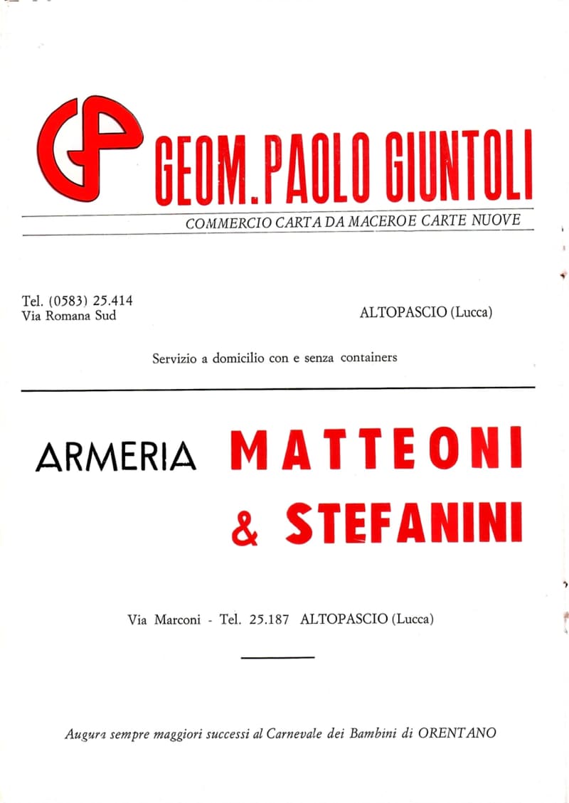 Page 14 of 32: Two Altopascio advertisements: Geom. Paolo Giuntoli waste-paper trade and Armeria Matteoni & Stefanini gun shop, with good wishes to the Carnevale dei Bambini.