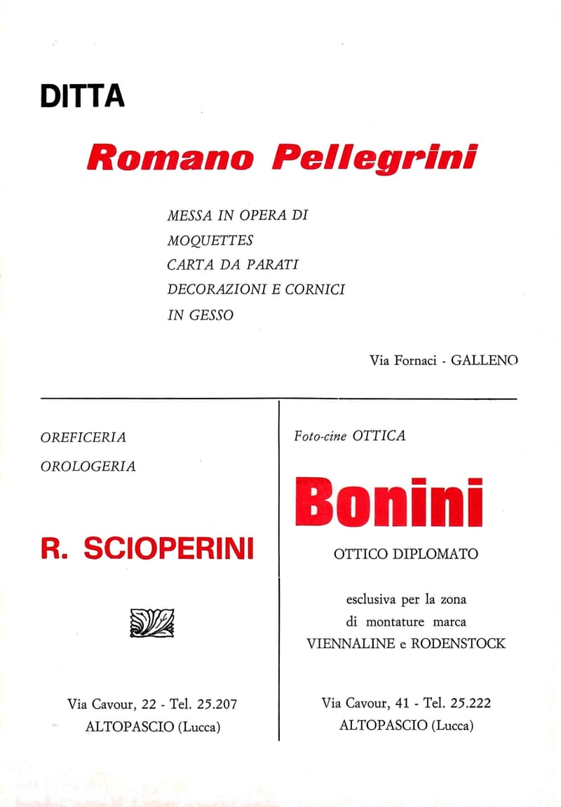 Page 15 of 32: Three advertisements: Ditta Romano Pellegrini of Galleno (carpets and wallpaper), the R. Scioperini jeweller and the Bonini optician of Altopascio.