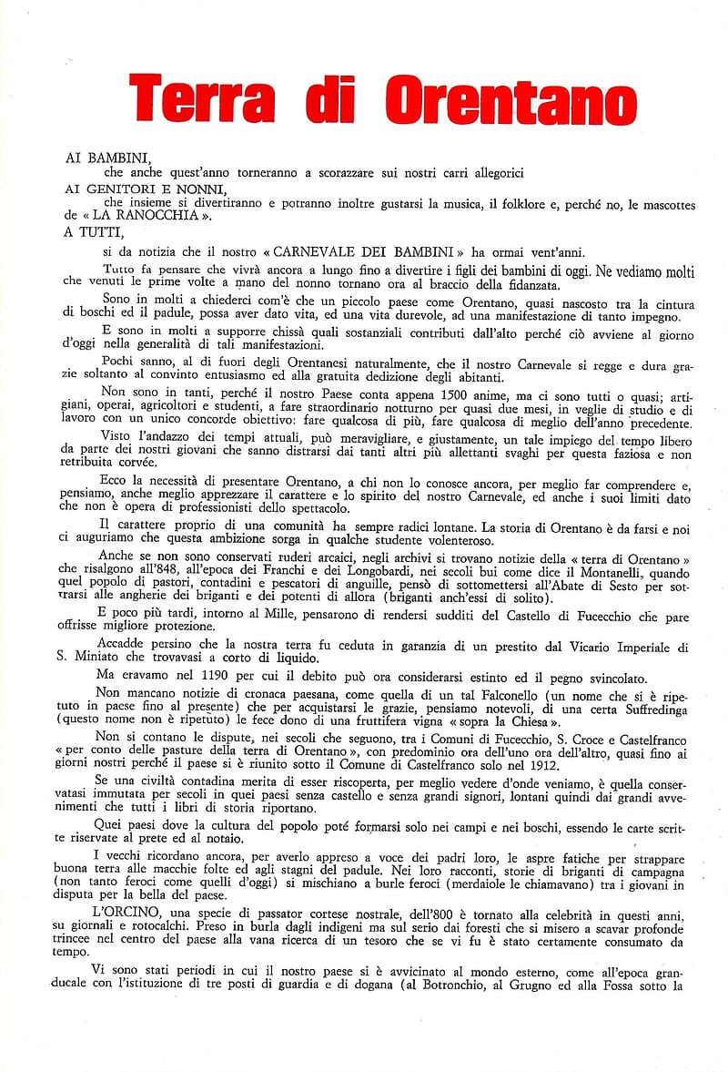 Page 16 of 32: Start of the article «Terra di Orentano»: red heading and dense text on the village’s history, addressed to children, parents and grandparents, to all.