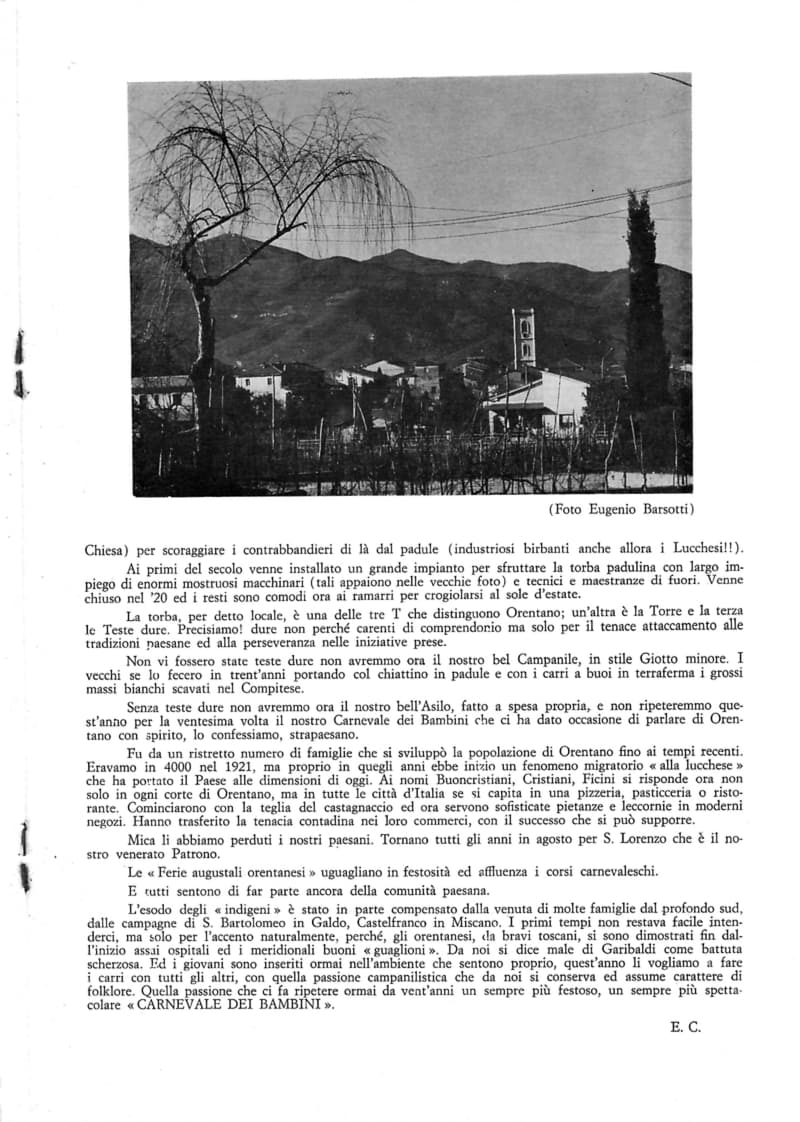 Page 17 of 32: Continuation of «Terra di Orentano» signed E. C., with a photo of houses and a bell tower against the hills (Foto Eugenio Barsotti).