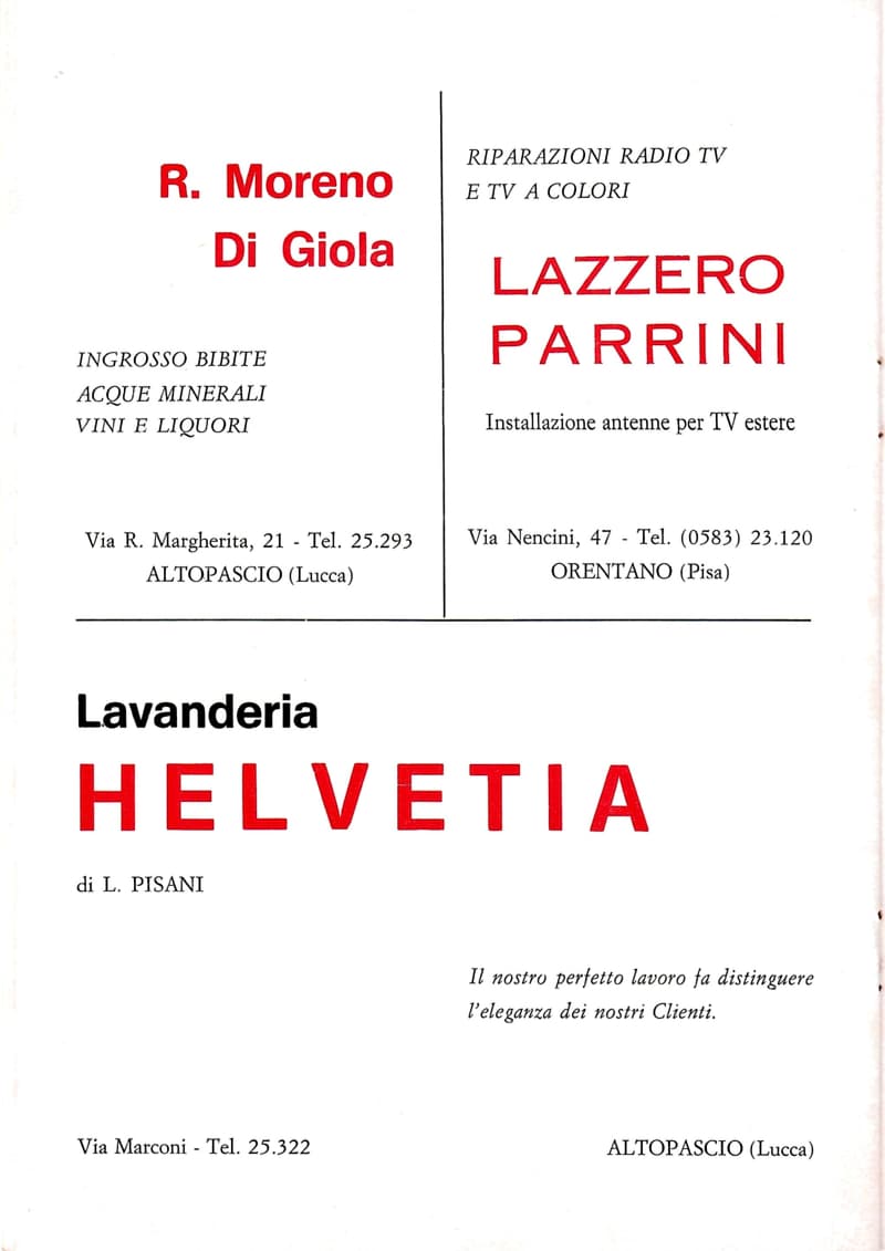 Page 18 of 32: Three advertisements: R. Moreno Di Giola drinks wholesaler and Helvetia laundry of L. Pisani in Altopascio; Lazzero Parrini radio and TV repairs in Orentano.