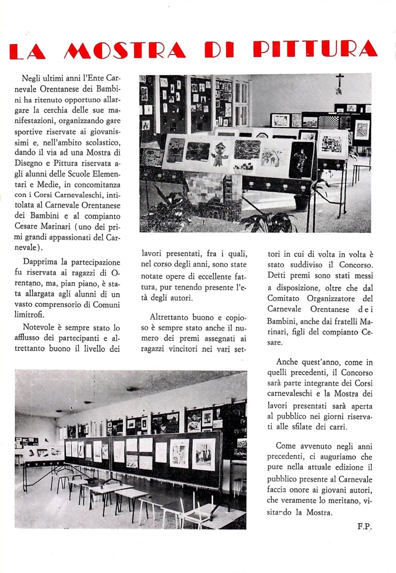 Page 19 of 32: Article «La mostra di pittura» signed F.P., in three columns, with two photos of rooms with the children’s drawings displayed on panels.