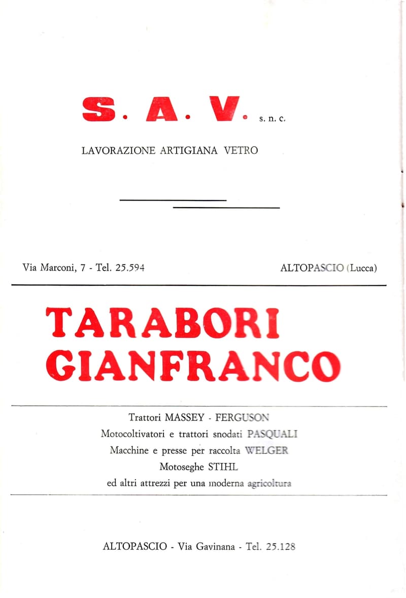 Page 20 of 32: Two Altopascio advertisements: the S.A.V. s.n.c. artisan glassworks and Tarabori Gianfranco tractors and farm machinery.