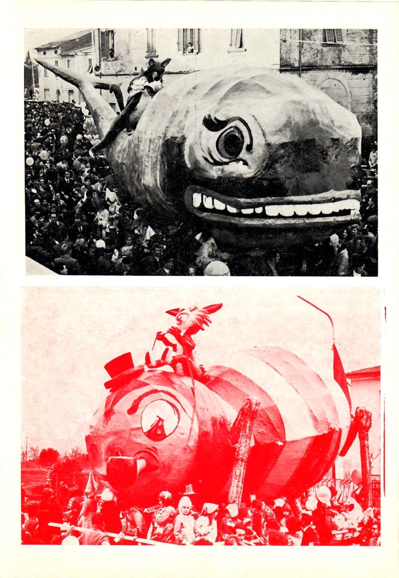 Page 21 of 32: Two uncaptioned photos: in black and white, a large sea creature baring its teeth with a puppet on its back; in red, a float with a round figure in a top hat.