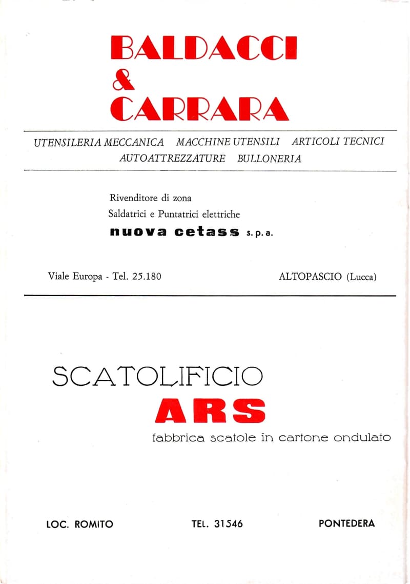 Page 22 of 32: Two advertisements: the Baldacci & Carrara tool supplier of Altopascio and Scatolificio ARS of Pontedera, maker of corrugated cardboard boxes.