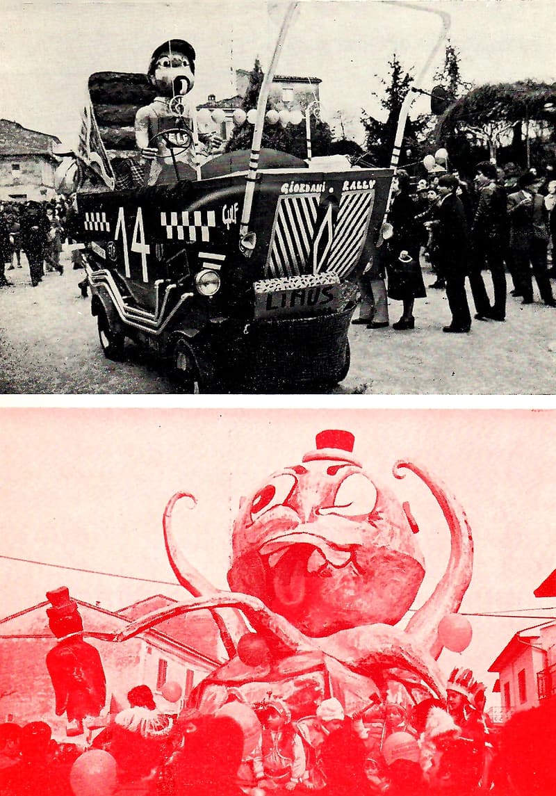 Page 23 of 32: Two uncaptioned photos: in black and white, a racing-car float numbered 14 with a puppet at the wheel; in red, a float with a large head and tentacles.