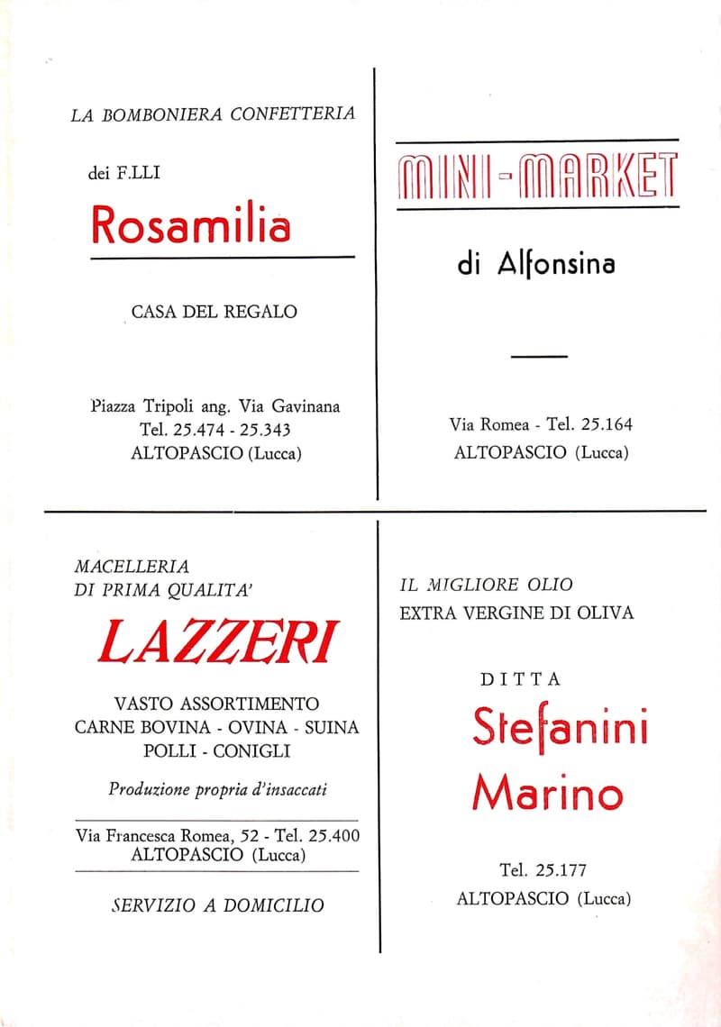 Page 24 of 32: Four Altopascio advertisements: the Rosamilia confectioner’s, Mini-Market di Alfonsina, the Lazzeri butcher’s and olive oil from Ditta Stefanini Marino.