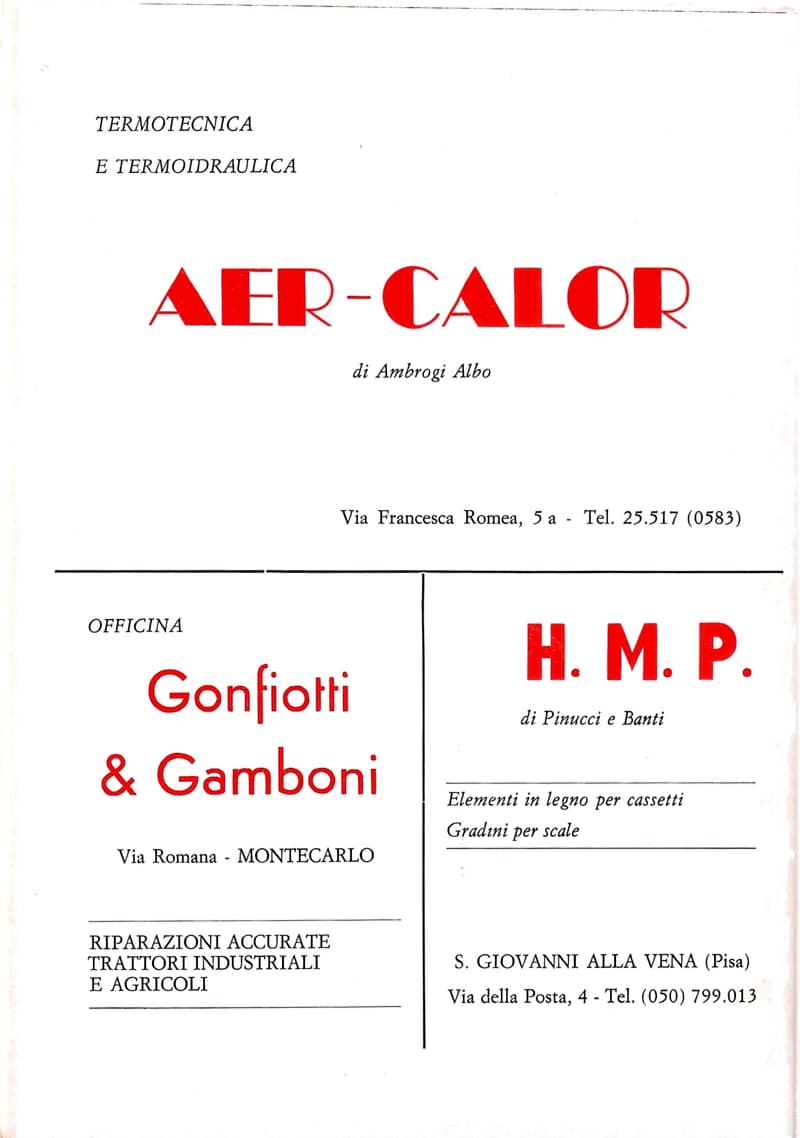 Page 26 of 32: Three advertisements: Aer-Calor heating of Ambrogi Albo, the Gonfiotti & Gamboni workshop of Montecarlo, H. M. P. of Pinucci e Banti of S. Giovanni alla Vena.