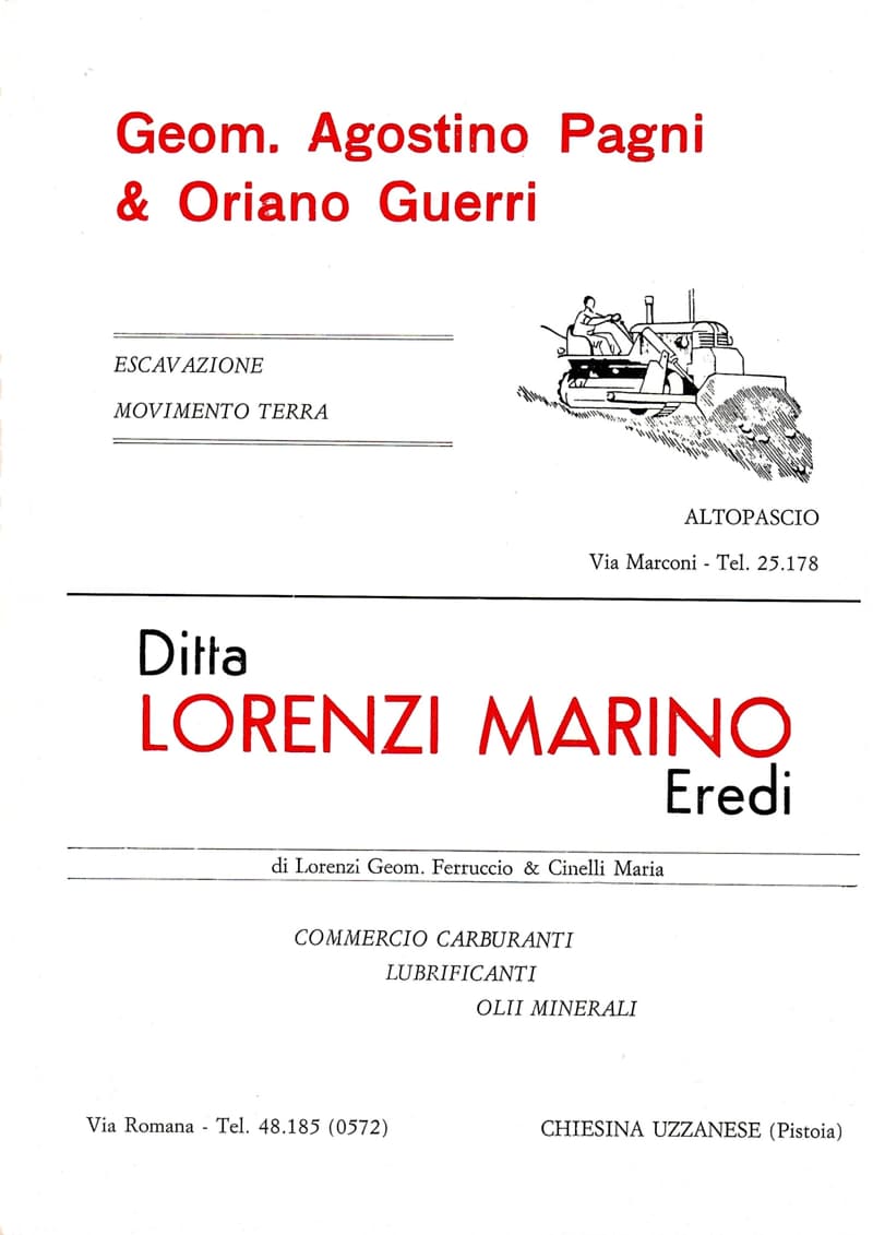 Page 28 of 32: Two advertisements: Geom. Agostino Pagni & Oriano Guerri earthmoving of Altopascio, with a drawing of a bulldozer; Lorenzi Marino Eredi fuels, Chiesina Uzzanese.