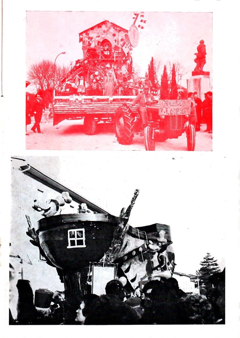Page 29 of 32: Two uncaptioned photos: in red, a float with a small house on a trailer pulled by a tractor with a sign; in black and white, a boat-shaped float amid the crowd.