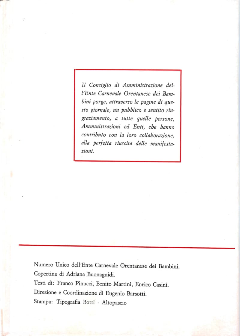 Page 30 of 32: Red-bordered box with the thanks of the Ente’s board of directors; below, the issue’s credits: cover, texts, direction and printing.