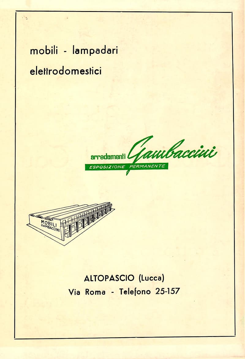 Page 32 of 32: Framed back cover: advertisement for arredamenti Gambaccini of Altopascio, furniture, lamps and appliances, with a drawing of the showroom.